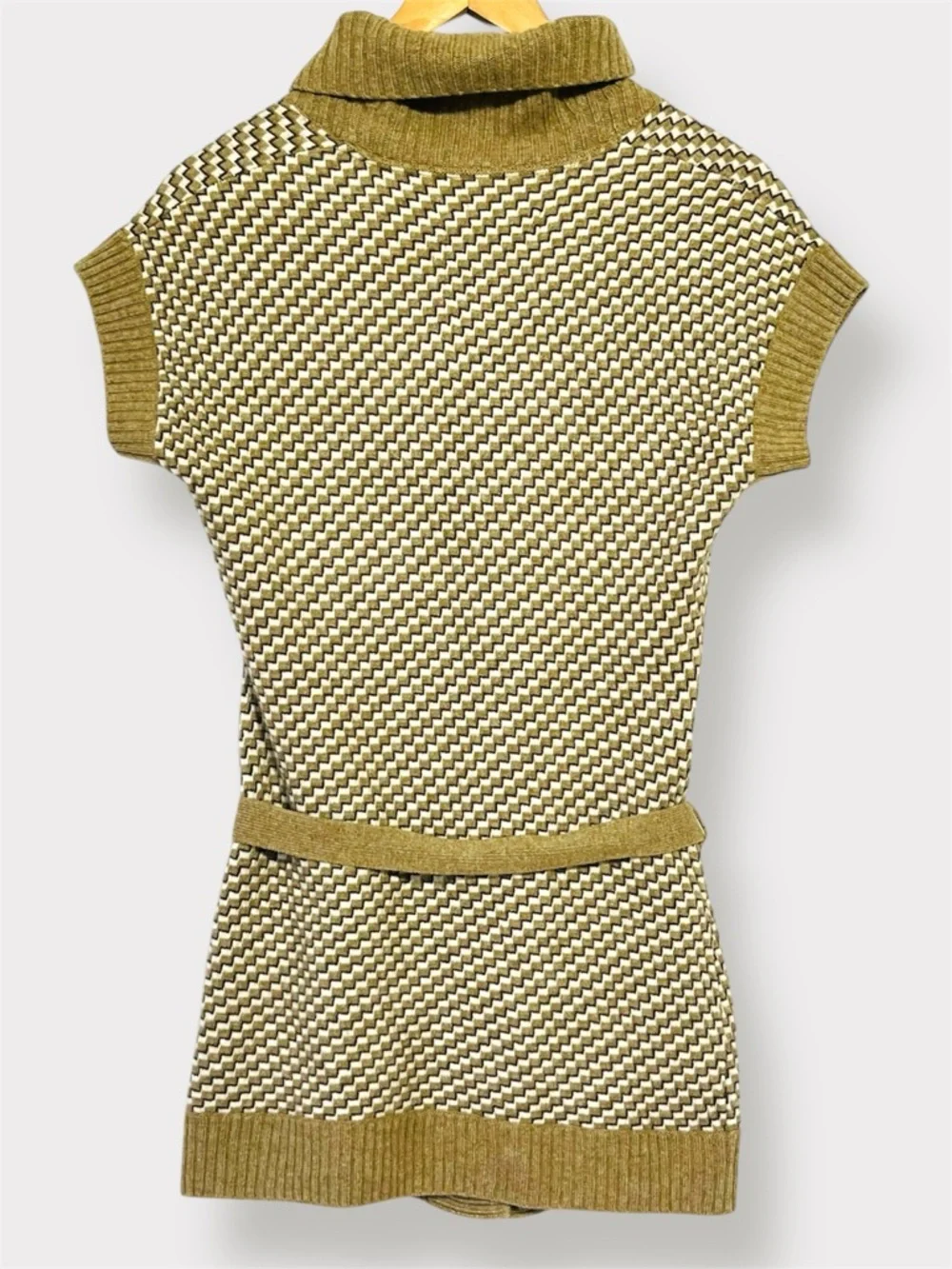 Esprit Y2K Short Sleeve Belted Cardigan Geometric Taupe Cream Black Size S - Picture 3 of 13